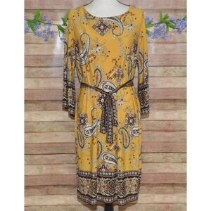 Dressbarn Mustard Yellow Paisley Medallion Midi Dress Belted Boho Size L